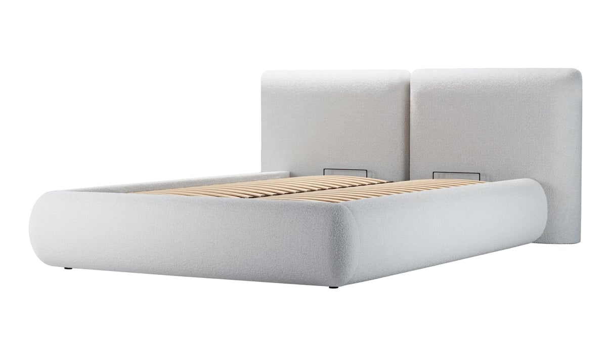 Lit rembourré Agape 140x200cm avec sommier relevable et coffre de rangement
